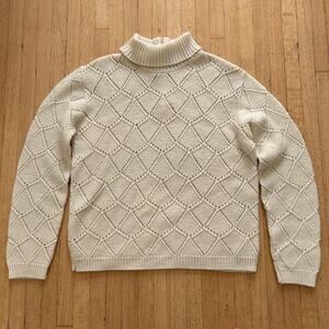 Ivory 70s wool turtleneck sweater Women's Sz. M diamond White Back zip